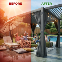 12X20 Louvered Pergola,Dark Grey Aluminum Frame with Adjustable Rainproof Roof, Featuring Waterproof Curtains and Nets — Before & After