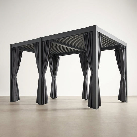 12X20 Louvered Pergola,Dark Grey Aluminum Frame with Adjustable Rainproof Roof, Featuring Waterproof Curtains and Nets — Studio Shot