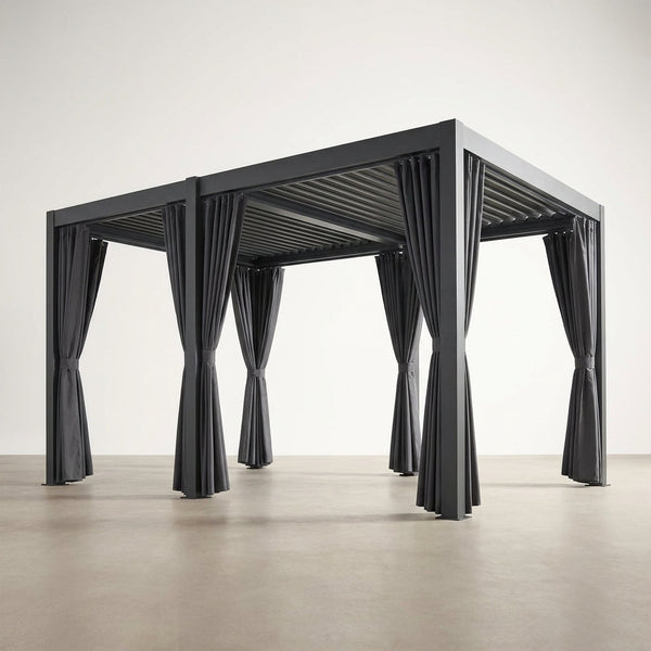 12X20 Louvered Pergola,Dark Grey Aluminum Frame with Adjustable Rainproof Roof, Featuring Waterproof Curtains and Nets — Studio Shot