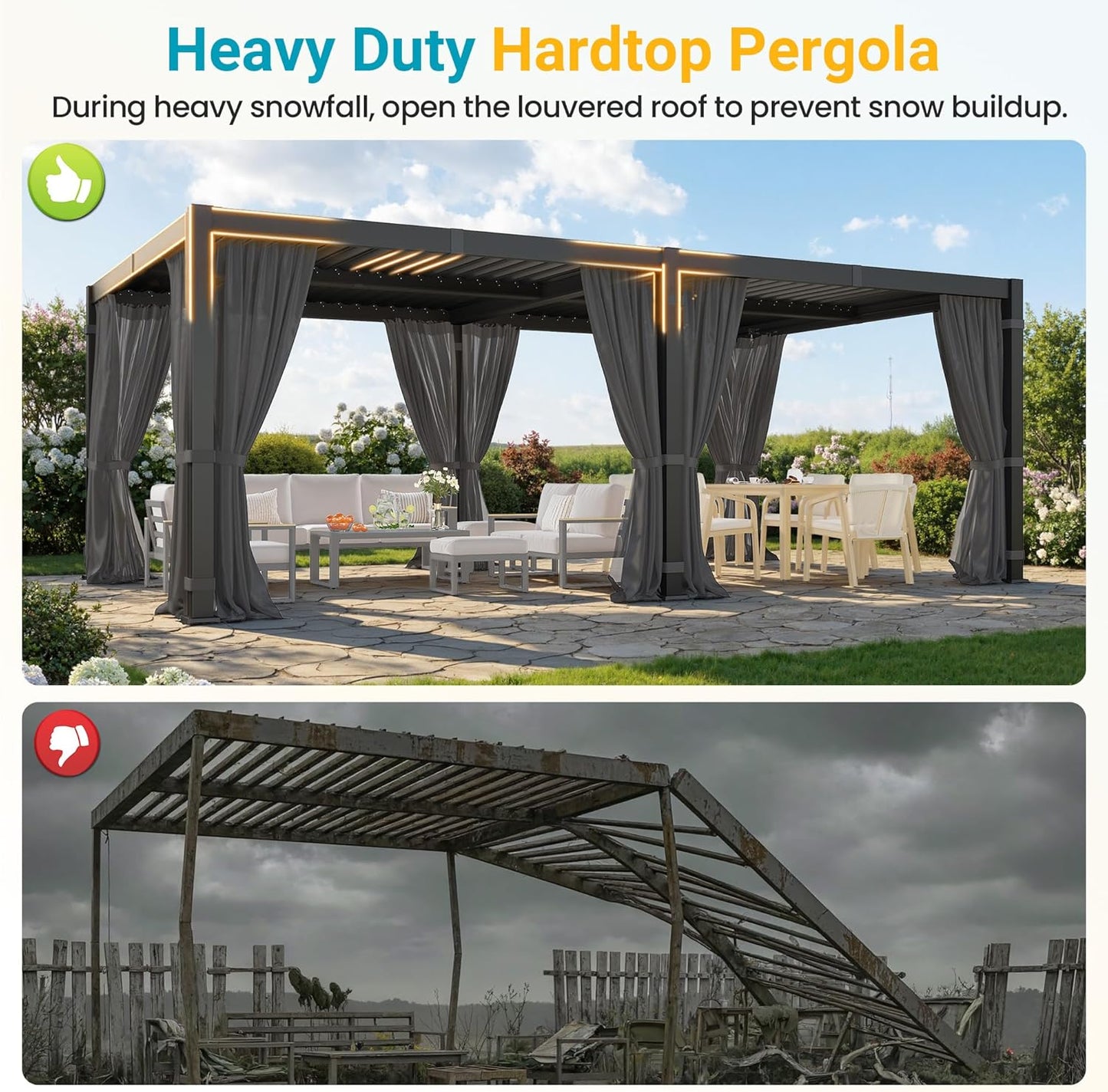 12' X 20' Louvered Pergola, Outdoor Pergola with Curtains & Netting, Metal Patio Pergola with Adjustable Louvers Roof and Gutter System, Metal Hardtop Gazebo for Patio, Deck, Garden, Yard, Dark Gray