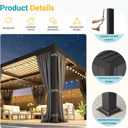 12' X 20' Louvered Pergola, Outdoor Pergola with Curtains & Netting, Metal Patio Pergola with Adjustable Louvers Roof and Gutter System, Metal Hardtop Gazebo for Patio, Deck, Garden, Yard, Dark Gray