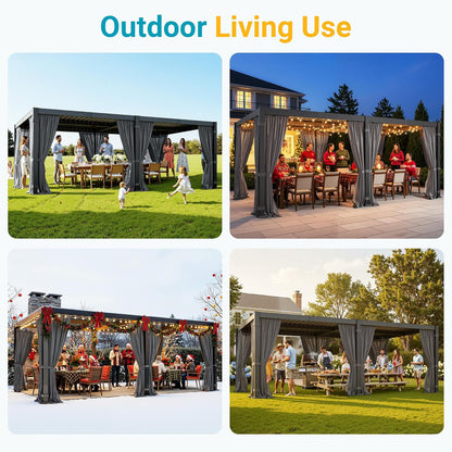 12' X 20' Louvered Pergola, Outdoor Pergola with Curtains & Netting, Metal Patio Pergola with Adjustable Louvers Roof and Gutter System, Metal Hardtop Gazebo for Patio, Deck, Garden, Yard, Dark Gray